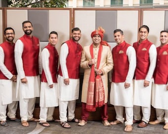 For Groomsmen dresses Nehru Jacket kurta pant set, Bulk Grooms men Indian Ethnic Waist Coat for Wedding. Best man outfit
