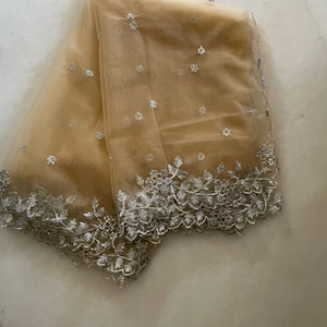 Beige silver Indian dupatta. Silver embellished beaded border net long dupatta