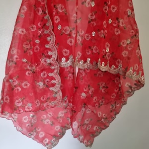 Organza sheer dupatta. Red printed dupatta with scallop border dupatta