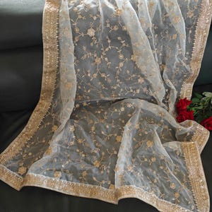 White Organza Dupatta with Gold embroidery. Indian dupatta
