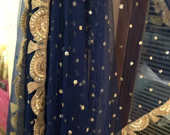 Net dupatta with sequin embroidery on blue | Indian dupatta for women dress with scallop border. Color can be changed if required