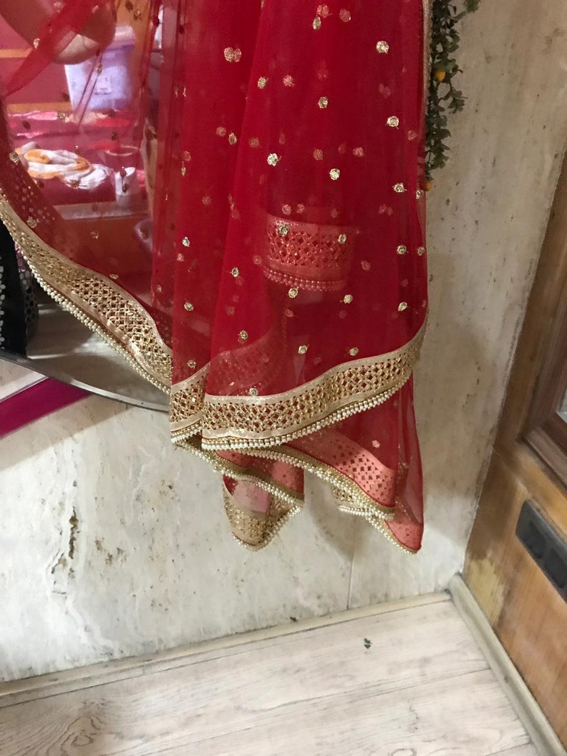 Bridal Red dupatta for Indian dress net beaded border dupatta