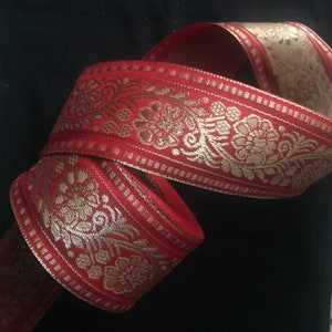 5 Yards Red Gold metallic Floral Embroidered Trim, Indian Floral Border, Red Lace, Red Bridal Trim, Fabric Trim, Saree Border