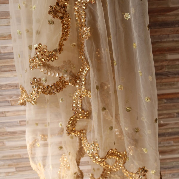 Golden Indian Dupatta party wear | Long net embroidered scarf | Punjabi dress dupattas with zari embroidery for lehenga | Dupatta