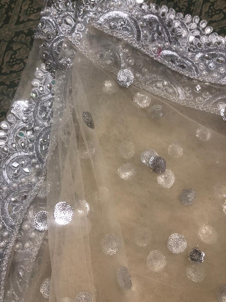 Beige Silver Dupatta With Scallop Border Indian Net Dupatta Etsy