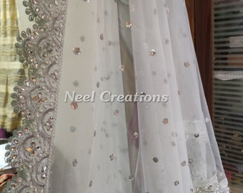 Silver sequin motifs on net. Indian dupatta. Net dupatta with scallop border. Custom made dupattas