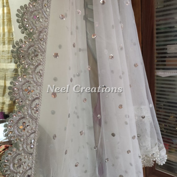 Silver Sequin Motifs on Net. Indian Dupatta. Net Dupatta With