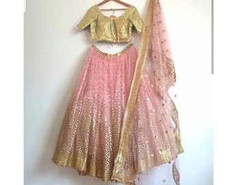 Pink gold lehenga blouse dupatta. Custom made to size for women. Designer Indian lehenga choli