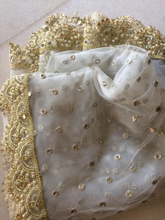 White Indian Wedding Dupatta Long Net Embroidered Scarf Punjabi