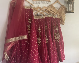 Bridesmaid dress | Golden blouse burgundy banarasi print skirt with net dupatta Bulk price custom made dresses