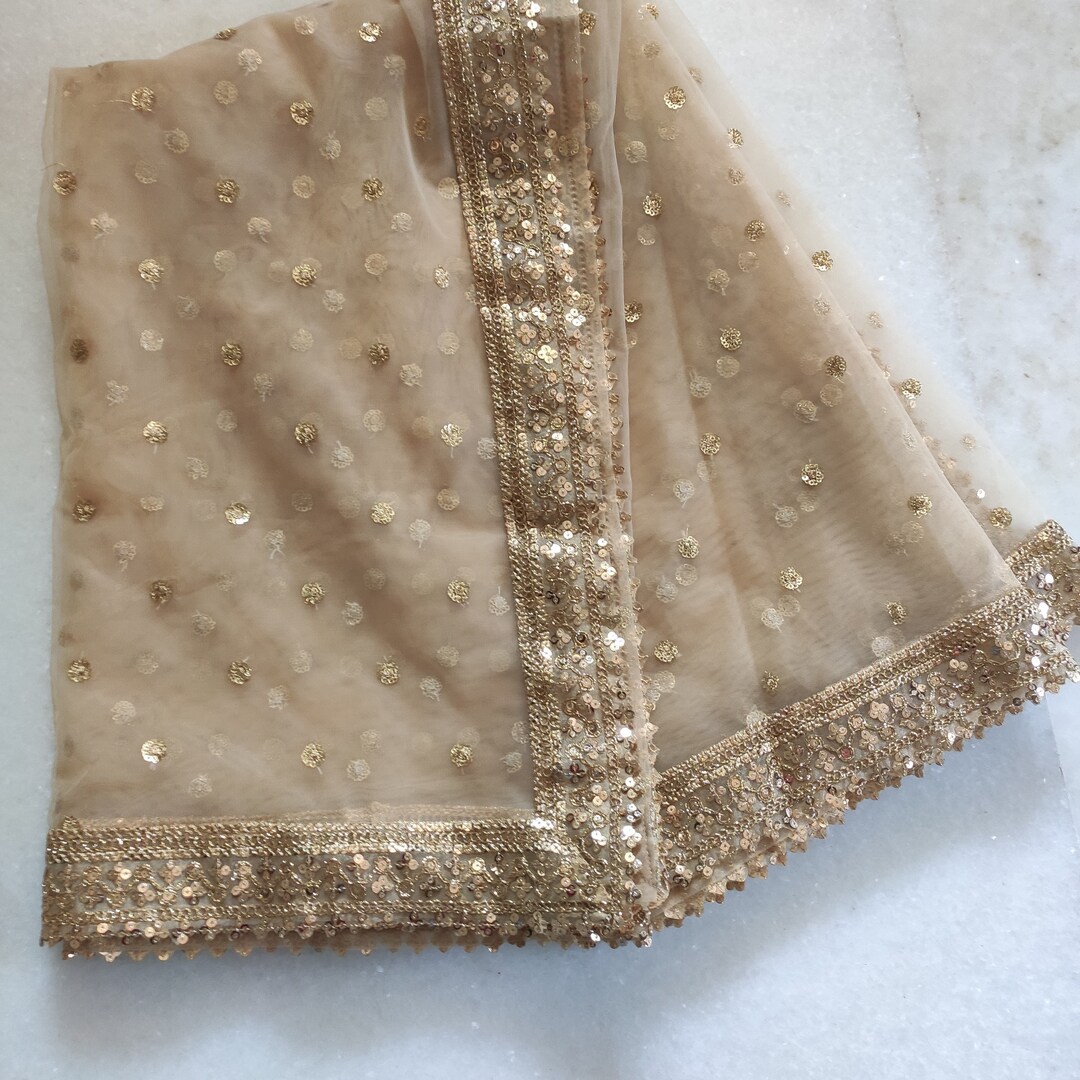 Golden Indian Dupatta. Tradition Dupatta Long Net Embroidered Scarf Punjabi  Dress Dupattas With Zari Embroidery for Lehenga Dupatta 