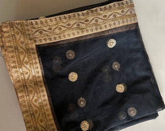 Black dupatta with sequin motifs and copper gold border. Designer Indian dupatta for women