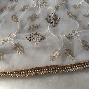 White Indian Dupatta party wear beaded border | Long net scarf | Punjabi dress dupatta with sequin embroidery for lehenga