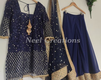 Navy blue sharara kurta with dupatta for women. Gold embroidered Indian dress for wedding party wear