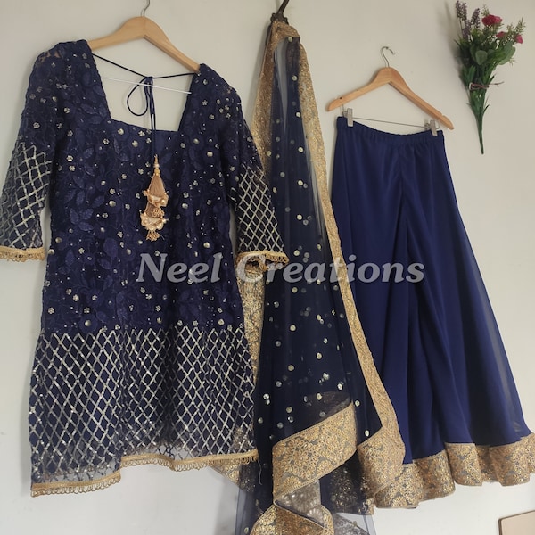 Navy blue sharara kurta with dupatta for women. Gold embroidered Indian dress for wedding party wear