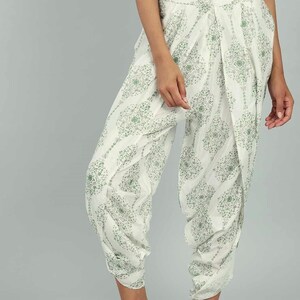 White green dhoti pants. Indian printed tulip pants. Ethnic Indian bottoms