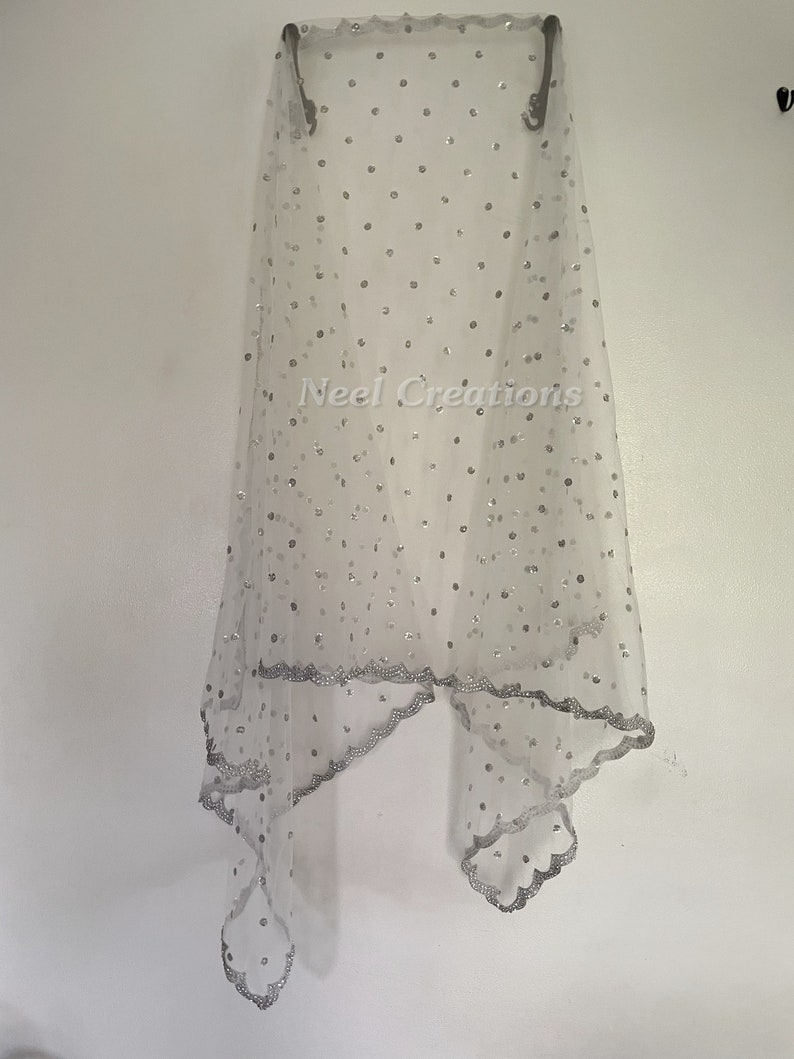 Silver White Indian Dupatta party wear beaded stone border Long net scarf Punjabi dress dupatta with sequin embroidery for lehenga image 9
