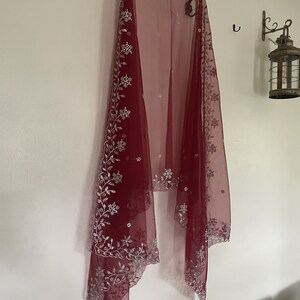 Maroon net dupatta with black and yellow border main image 1