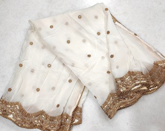 Sheer Georgette Dupatta: Off-White Indian Wedding Scarf with Gold Embroidery
