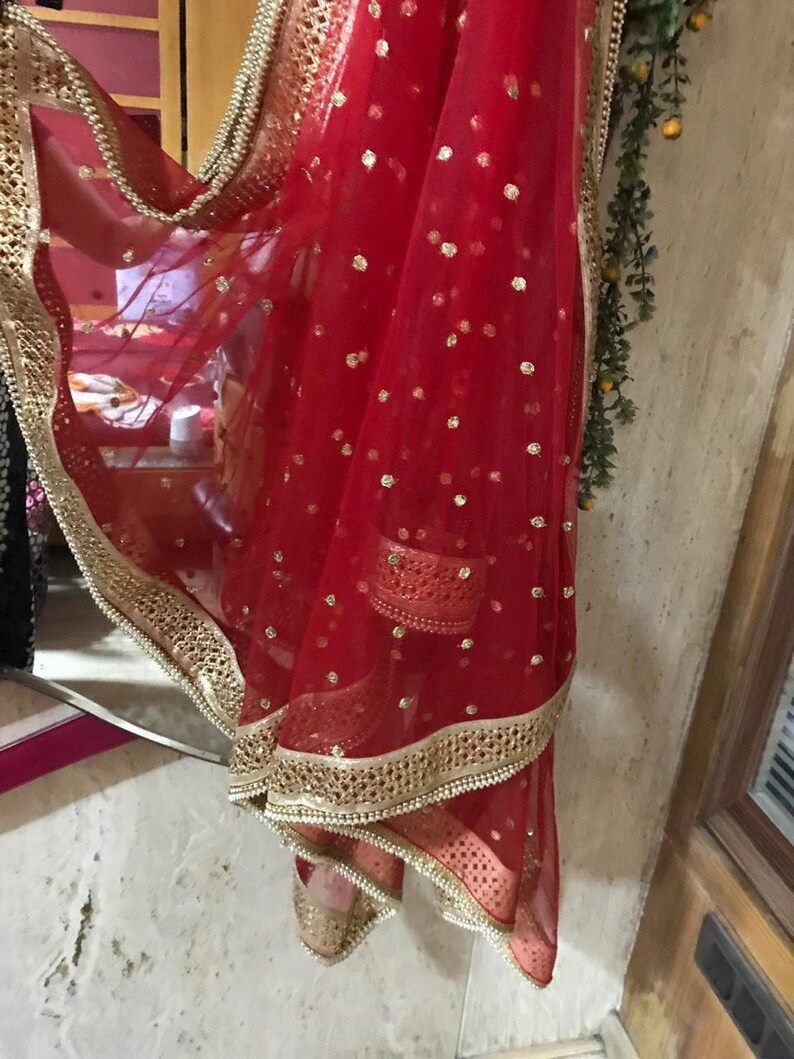 Bridal Red dupatta for Indian dress net beaded border dupatta
