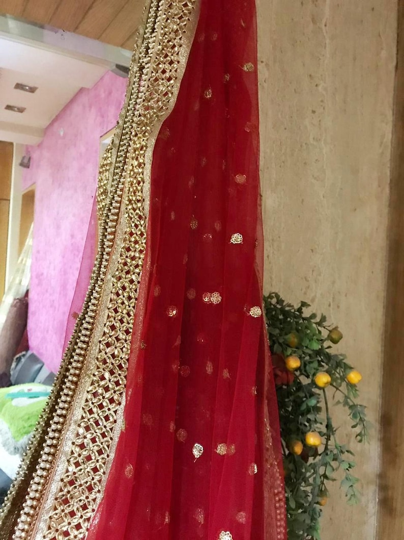 Bridal Red dupatta for Indian dress net beaded border dupatta
