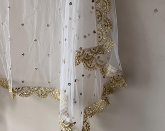 White Indian Wedding Net Dupatta with Golden Zari Embroidery Scarf