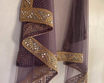 Dark Mauve net dupatta with golden mirror border partywear heavy dupatta for women on net with glitter dots all over