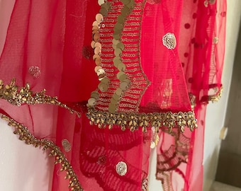 Red dupatta. Indian designer dupatta veil for wedding.  Bridal red dupatta in net with sequin scallop border