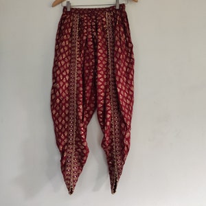 Maroon Dhoti Pants: Gold Print, Beaded Indian Bottoms