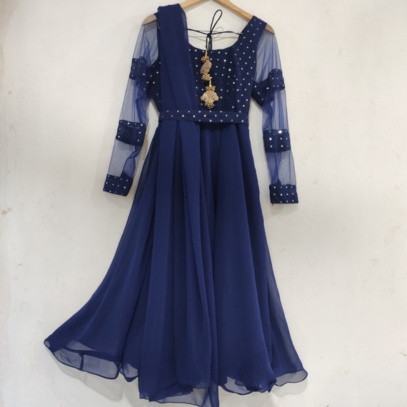 Indian Long Dress Navy Blue Made to Measure Gown Like Indo Western Indian  Party Wear Dress - Etsy