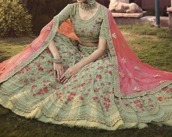 Salvia verde diseñador indio Lehenga Choli Dupatta para mujer blusa étnica tradicional lengha