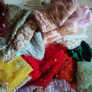 35 Pcs Colorful fabric remnants bundle. Embroidered fabric scraps bundle Mix colors Assorted Embellished Fabric Remnants Scraps