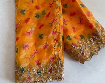 Yellow dupatta in organza material with scallop embroidery border. Indian dupatta for women dresses