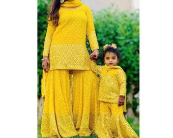 Traje sharara madre hija para mujer, traje sharara diseñador indio salwar kameez fiesta de bodas usar diseñador sharara kurta