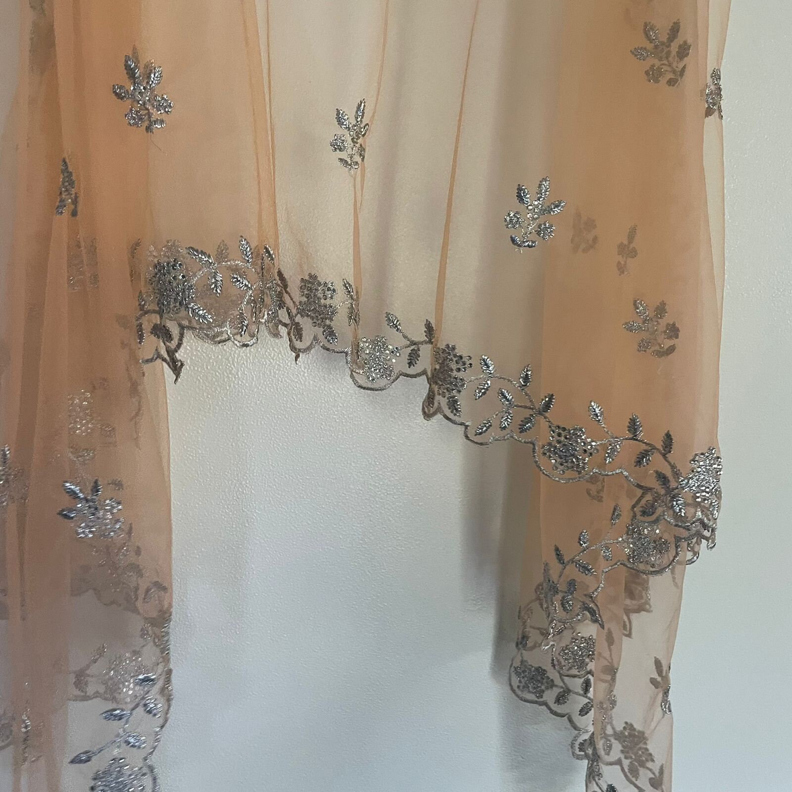 Peach Net Dupatta with Silver Embroidery Border | Lightweight Sheer Scarf | Ethnic Party Wear Dupatta | Elegant Peach Wedding Accessory