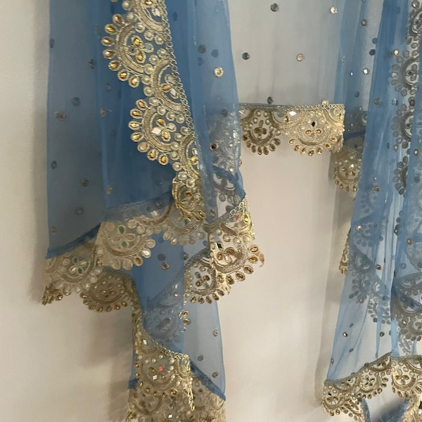 Longue écharpe brodée en filet pour mariage indien bleu, robe punjabi, dupattas avec broderie zari pour étole lehenga chunni festival