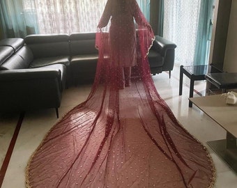 Deep Maroon net Indian wedding dupatta for bride entry. Trail dupatta Bridal entry dupatta with veil