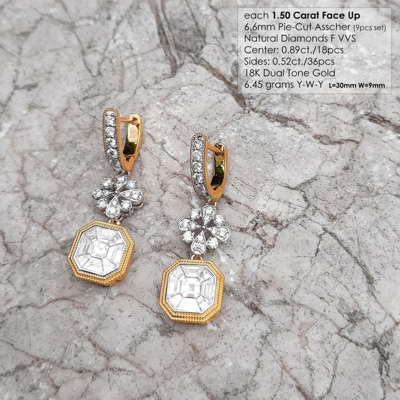 Carat Face up Asscher Pie-cut Natural Diamonds F VVS 18K Gold