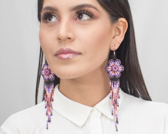 Long Beaded Earrings, Chandelier Flower Earrings, Native American Should Dusters, Chic, Purple, Boho Handmade Earrings, Indigenous Made