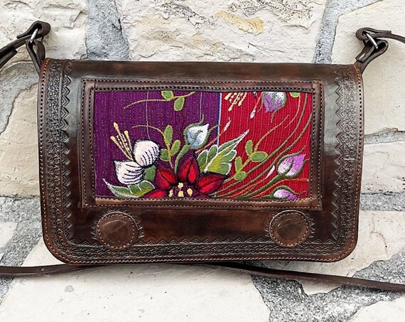 Boho Leather Purse, Embroidered Flower Purse, Rustic Leather Bag, Handmade Purse, Engraved Leather, Indigenous Made | Biulu Artisan Boutique