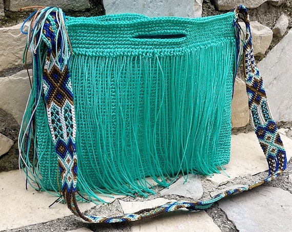 Boho Tassel Purse, Turquoise Purse, With Fringe, Fringe Boho Bag, Native American Purse, Handmade Weaved Bag | Biulu Artisan Boutique