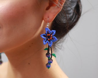 Boho Flower Earrings, Native American Beaded Earrings, Violet, Purple Flowers, Beaded Boho Earrings, Indigenous Made, Seed Bead Earrings