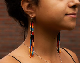 Native Style Beaded Earrings, Long Beaded Tube Earrings, Boho, Seed Bead, Tribal Fashion, Huichol, Handmade | Biulu Artisan Boutique