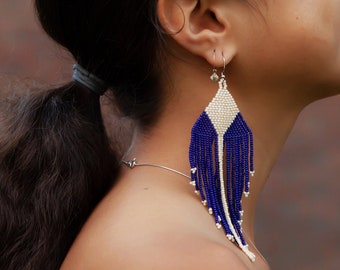 Native Beaded Earrings, Native Dangle Earrings, Large Seed Bead Earrings, Huichol Earrings, Tribal Fashion Earrings, Cream and Cobalt Blue