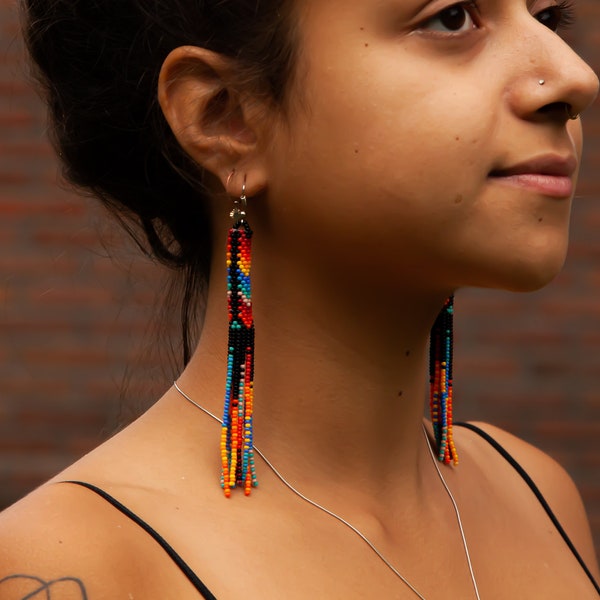 Native Style Beaded Earrings, Long Beaded Tube Earrings, Boho, Seed Bead, Tribal Fashion, Huichol, Handmade | Biulu Artisan Boutique