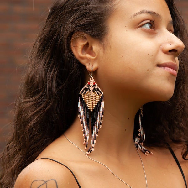 Soft Pink Boho Earrings, Huichol Beaded Earrings, Long Dangle Earrings, Beaded Bird Earrings, Native Style Beaded Earrings, Handmade
