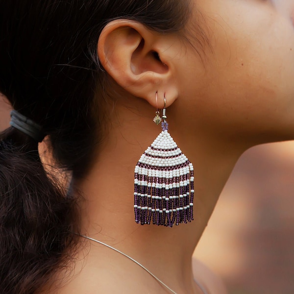 Contemporary Native Beaded Earrings, Fan Fringe Tassels, Fancy Elegant & Dainty, Boho Chic, Seed Bead | Biulu Artisan Boutique
