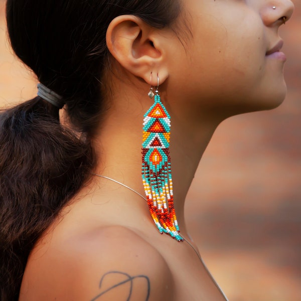 Geometric Earrings, Boho Unique, Seed Bead, Native American Beaded Earrings, Tribal, Handmade, Blue, Orange | Biulu Artisan Boutique