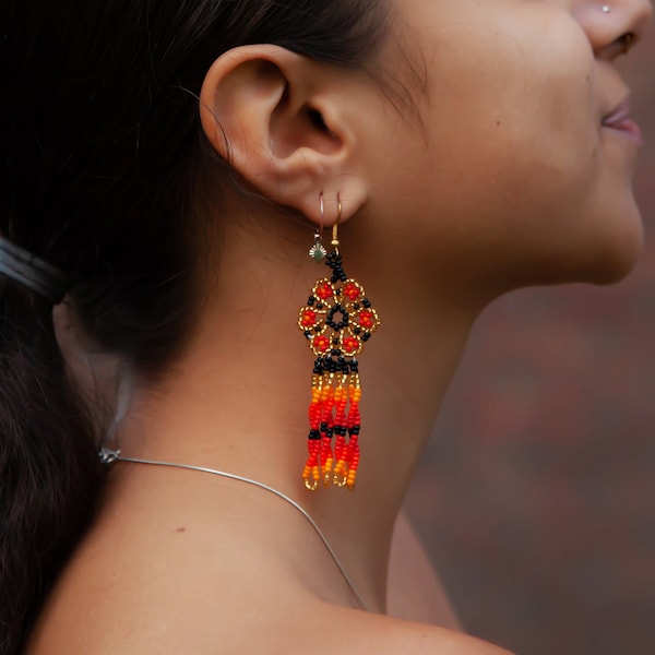 Gold Flower Earrings, Huichol Beaded, Mexican Folk Art Jewelry, Native American, Boho Hippie, Seed Bead, Handmade | Biulu Artisan Boutique