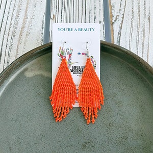 Small Boho Earrings, Orange Beaded Boho Earrings, Native Beaded Earrings, Short Dangle, Indigenous Made, Handmade | Biulu Artisan Boutique